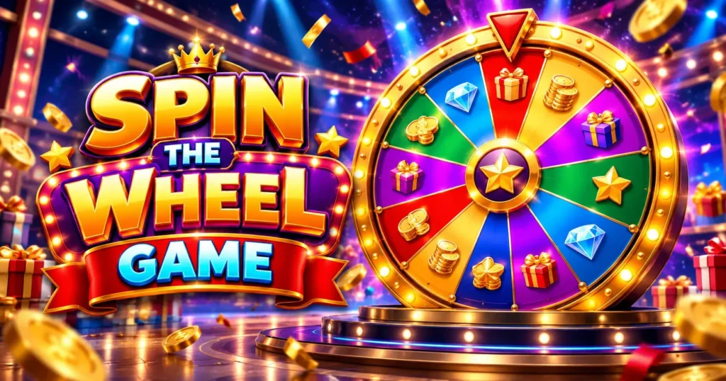 Colourful spin the wheel game with eight segments and a pointer, played online free on Online Timepass Games